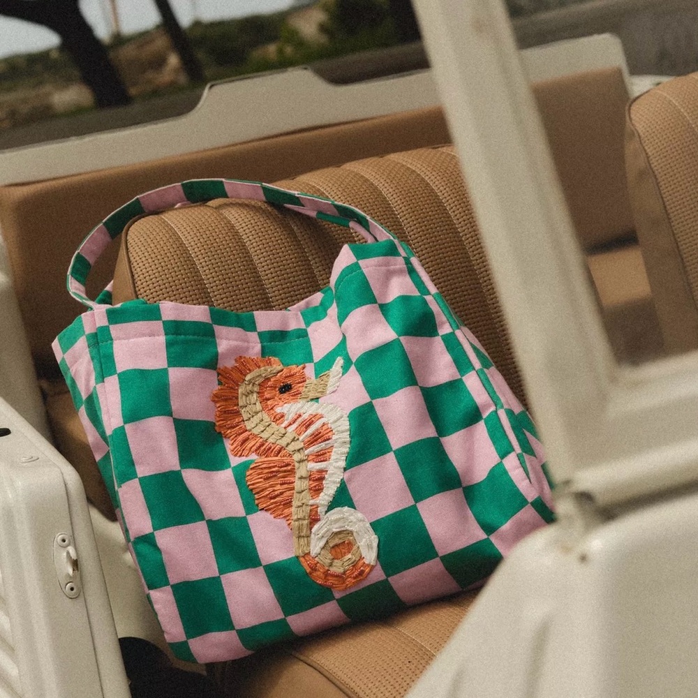 NWT Zara Pink and Green Checkered Tote Bag with Seahorse Design